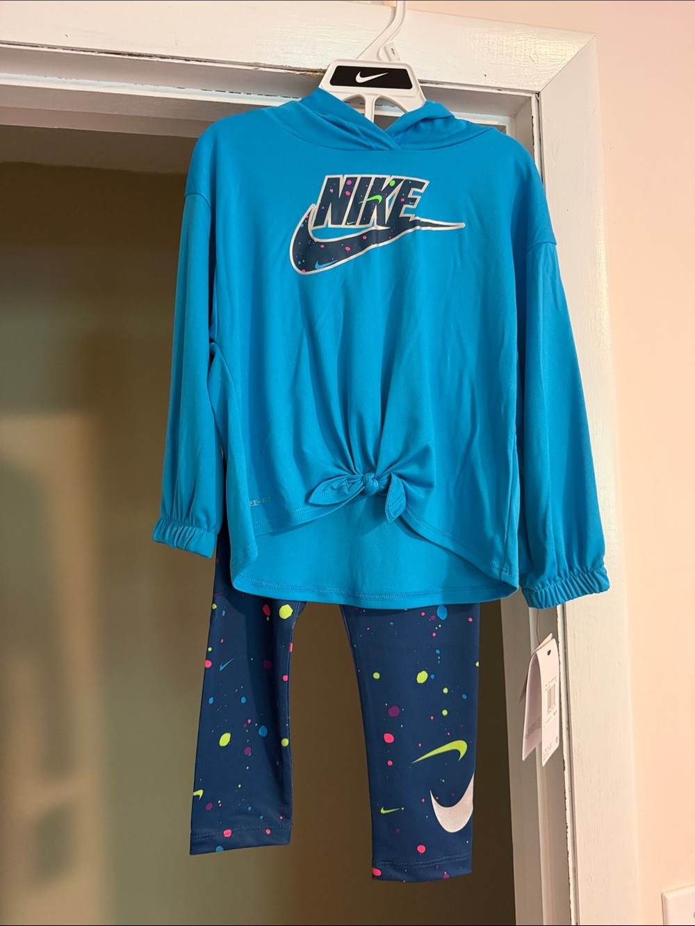 Nike Girls Blue Teal Hoodie & Navy Splash Leggings Matching Set